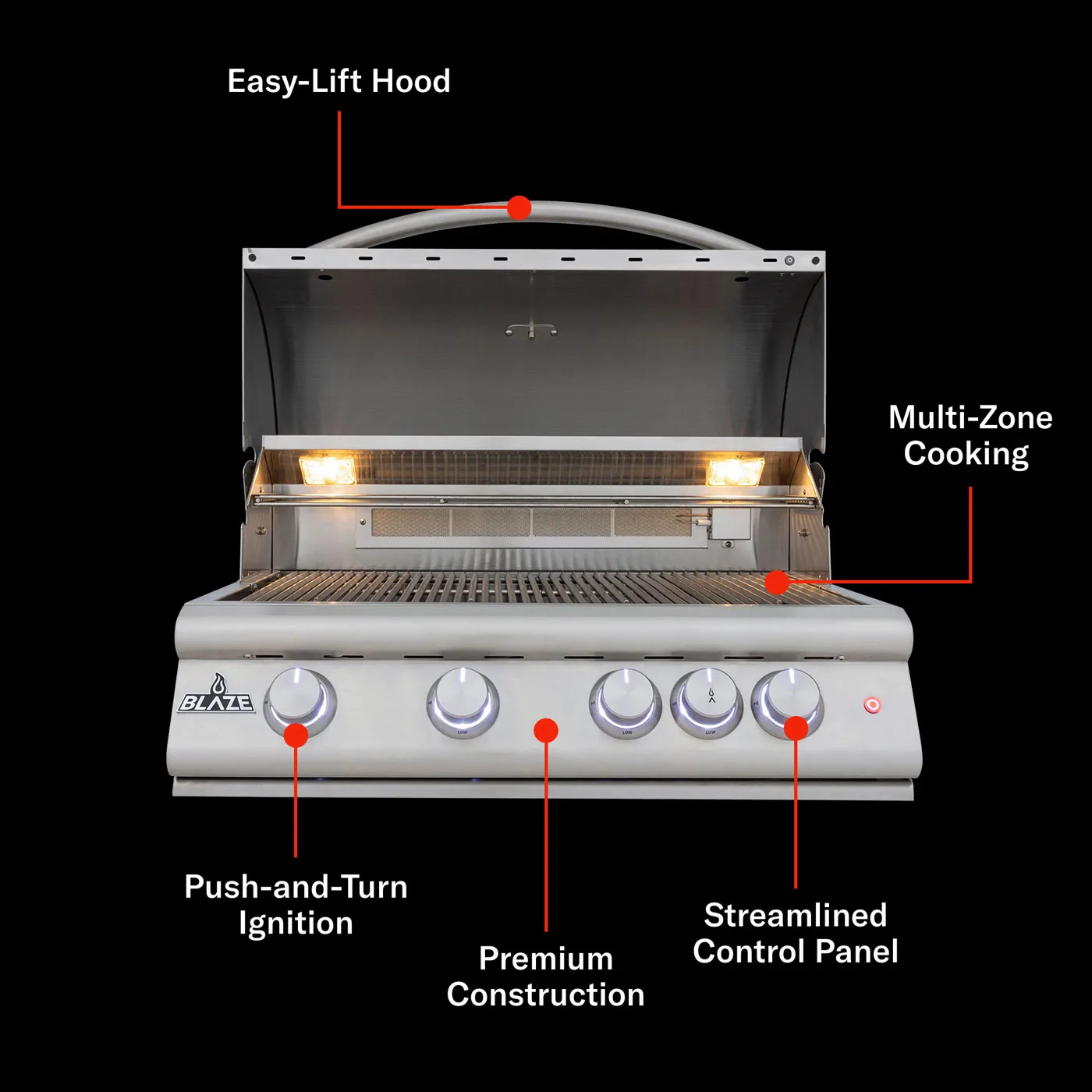 Blaze LTE+ 32-Inch 4-Burner Built-In Natural Gas/ Propane Gas Grill w/ Lift-Assist Hood & Rear Infrared Burner - BLZ-4LTE3-NG/LP - Image 4