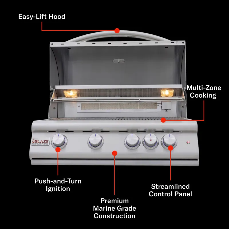 Blaze LTE+ Marine Grade 32-in 4-Burner Built-In Propane Gas / Natural Gas w/ Lift-Assist Hood & Rear Infrared Burner - Image 4